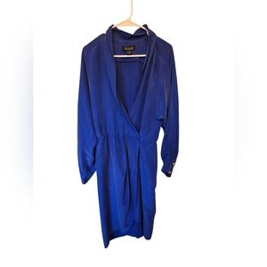 Gilliian Vintage 100% Silk Royal Blue Dress With Gold Tone Buttons Size 8